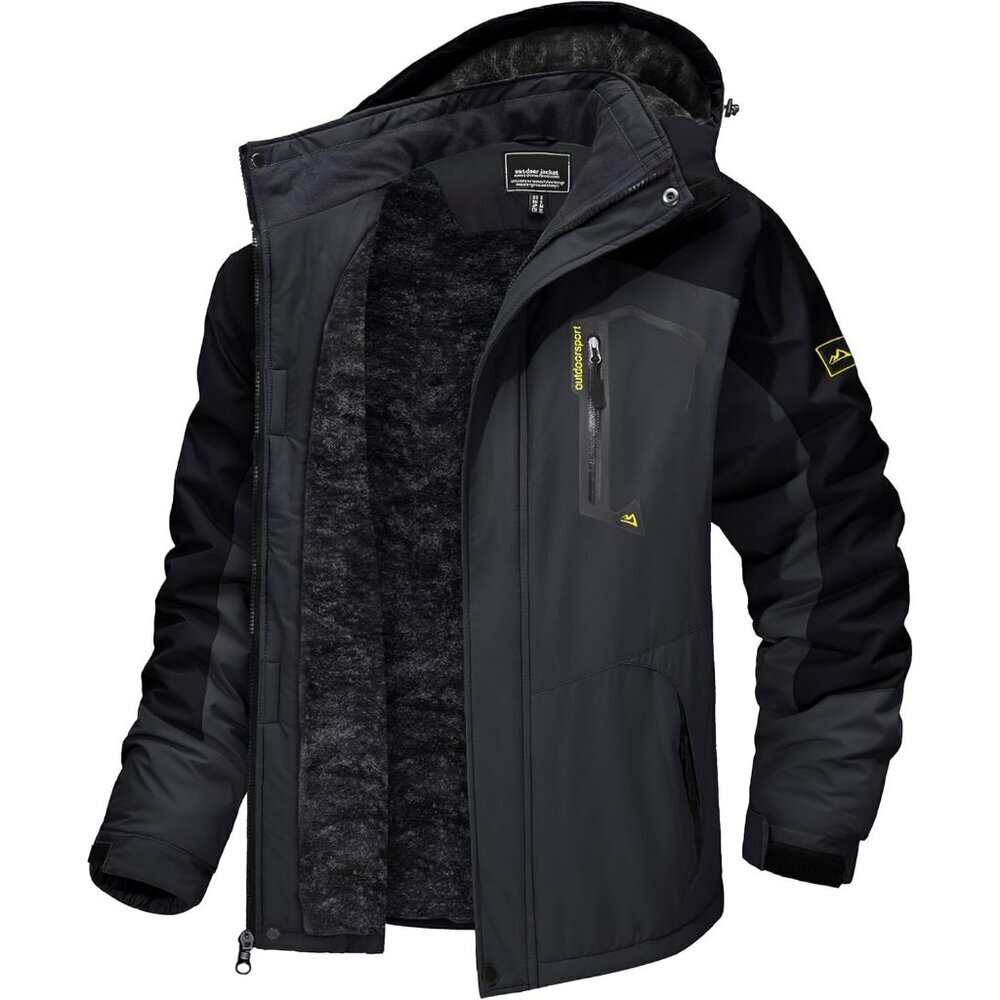 Men's #215 Black Grey Winter Ski Jacket Water Resistant Fleece Hooded Parka